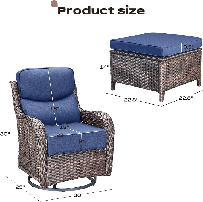 Rilyson Outdoor Patio Furniture Set - Weather Resistant Wicker,High Back,6 inch Cushions,4 Piece Patio Furniture Set with Swivel Rocker Chairs and Ottomans for Deck Porch Yard,Brown/Blue