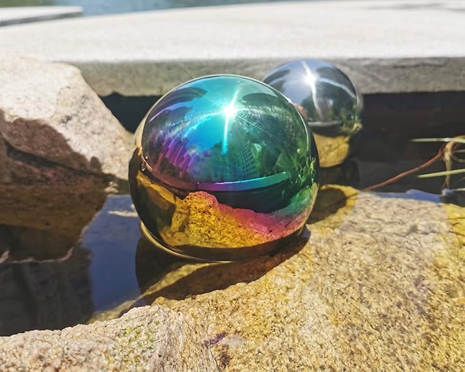 Rainbow Gazing Globe Mirror Ball in Stainless Steel, Shiny Hollow Sphere Sparkling Housewarming Outdoor Ornament (8 Inch)