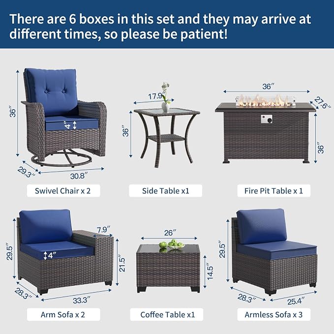 Gotland 10 Pieces Patio Furniture Set with 2 Swivel Rocking Chairs 1 Fire Pit Table, Patio Furniture in 4 Combinations with 1 Coffee Table Wide Armrests 29.5'' High Backrest, for Deck Garden Pool Navy