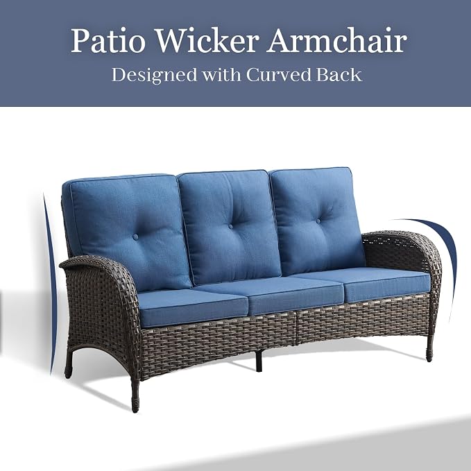 HUMMUH Outdoor Patio Couch with Thick Cushions Patio Sofa for Deck Lawn Porch Balcony Poolside-Brown/Blue