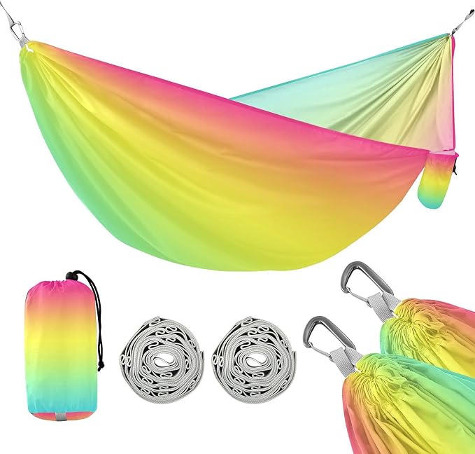 Rainbow Camping Hammock, Portable Lightweight Single Hammock with Tree Straps and Aluminum Carabiners, 114" x 54" Travel Hammock for Hiking Backpacking Beach