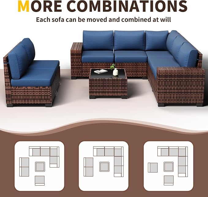 Outdoor Patio Furniture Set, Wide Outdoor Sectional Rattan Sofa Set, Wicker Patio Conversation Set w/Cover for Deck, Poolside, Porch, 8 PC (Brown & Navy)