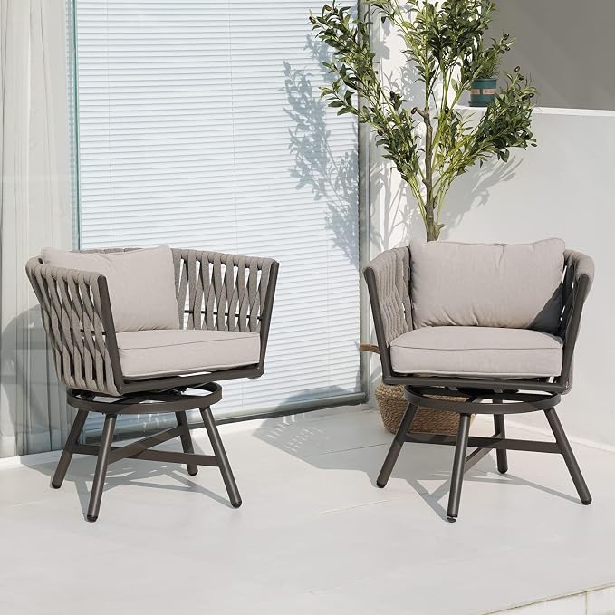 Grand patio Swivel Dining Chairs Set of 2, Rope Patio Outdoor Chairs with Cushions, Heavy Duty Outdoor Patio Bistro Chairs for Lawn,Garden,Deck,Backyard,Porch and Balcony, Light Gray