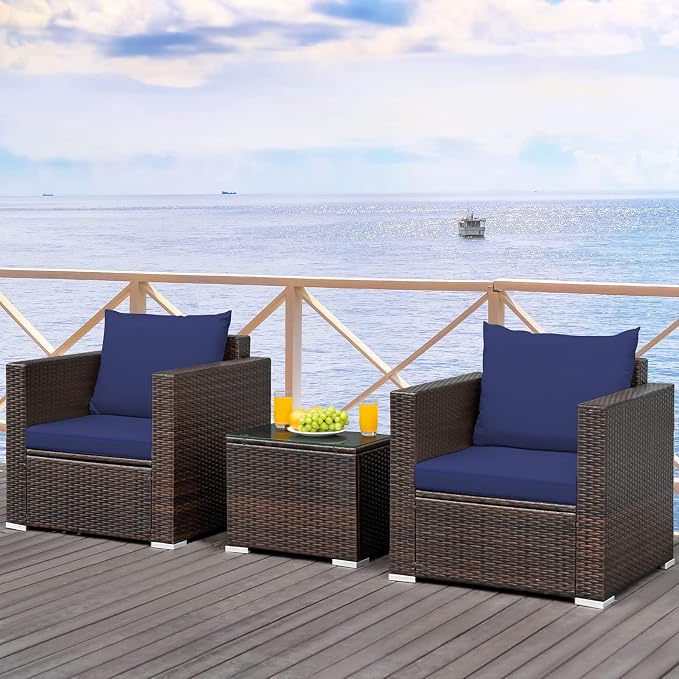RELAX4LIFE 3-Piece Wicker Bistro Set - Outdoor Patio Rattan Sofa Set w/Washable Cushions & Tempered Glass Coffee Table, Conversation Furniture Set for Backyard, Porch, Garden & Poolside (Navy Blue)