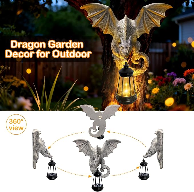 Dragon Tree Hugger Garden Statue - Resin Dragon Figurine Wall Hanger Sculptures Decor with Solar Lantern Lights, Outdoor Waterproof for Balcony Wall Porch Yard, Gifts for Mom Women Birthday