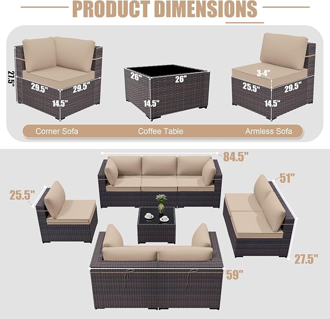 ALAULM 9 Pieces Patio Furniture Set Wicker Patio Conversation Set with 4 Corner Sofas, Outdoor Sectional Furniture w/Coffee Table & Washable Seat Cushions-Sand