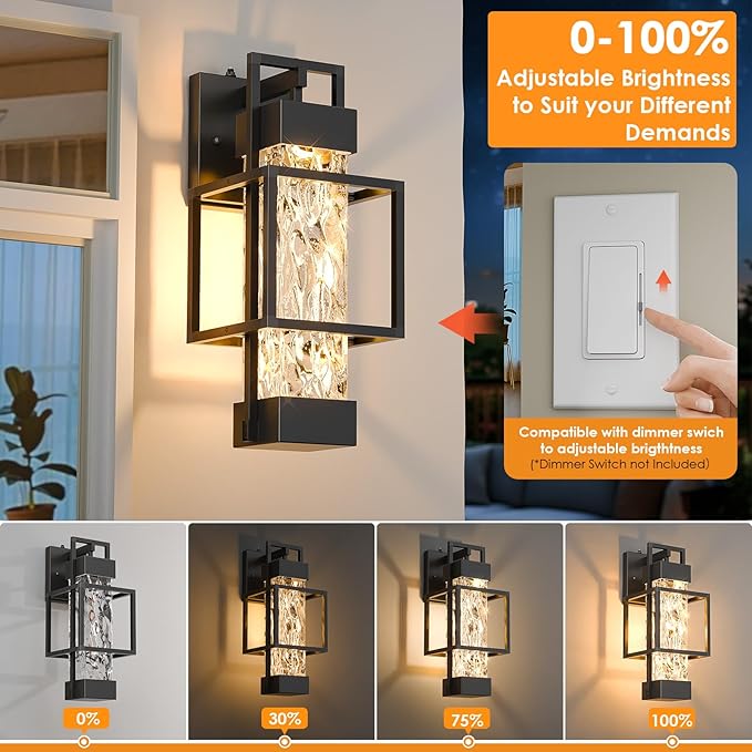 Hotsonic 2 Pack Dusk to Dawn Outdoor Porch Light Fixtures Wall Mount, 14'' Dimmable Exterior Lighting for Outside, Waterproof Wall Lantern Lamps, Black Sconce Coach Lights for House, Garage
