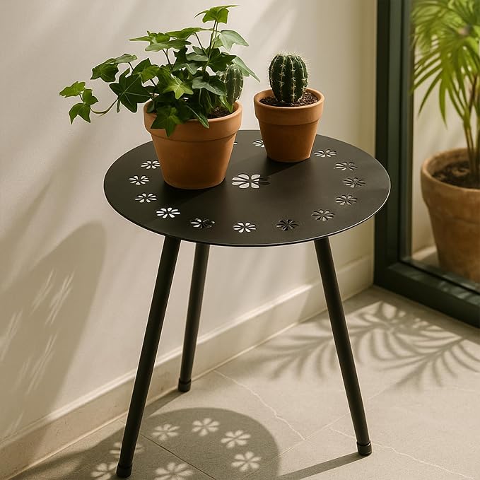 Outdoor Side Table Set of 2 Patio Round Tables for Outside Black End Tables Small Coffee Table End Table Modern Metal Porch Plant Stands for Balcony, Indoor, Bedroom, Living Room, Small Spaces