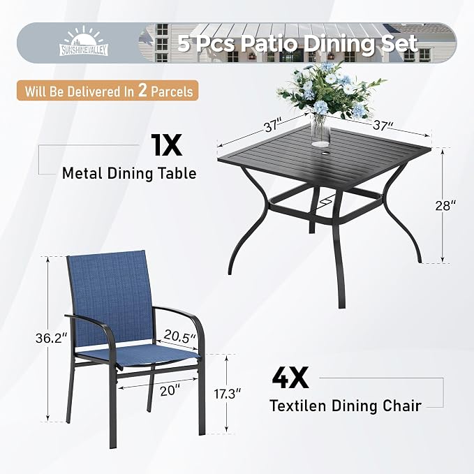SUNSHINE VALLEY 5 Piece Patio Dining Set for 4, 37”x37” Square Table with Umbrella Hole and 4 Metal Blue Chairs, Outdoor Table and Chairs Set for Lawn Backyard and Deck