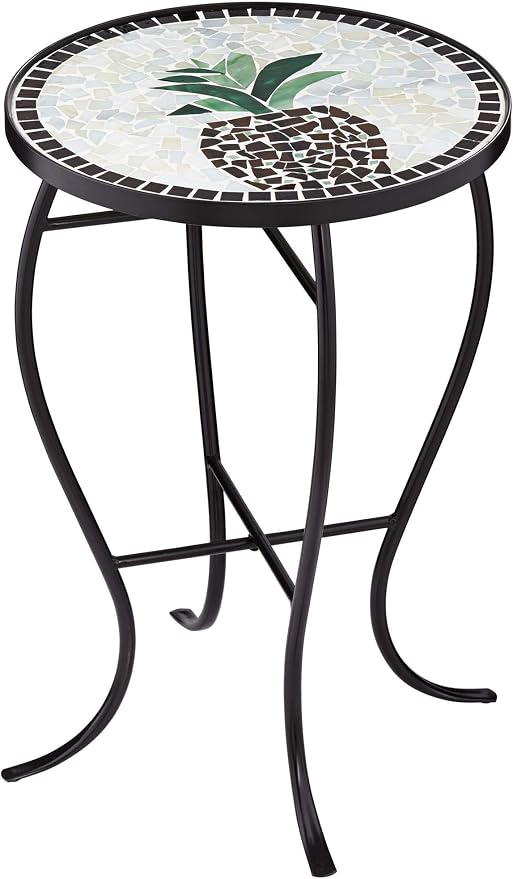 Teal Island Designs Beige Pineapple Modern Black Metal Round Outdoor Accent Side Table 14" Wide Black Glass Mosaic Tabletop Gracefully Curved Legs for Front Porch Patio Home House Balcony Deck Shed