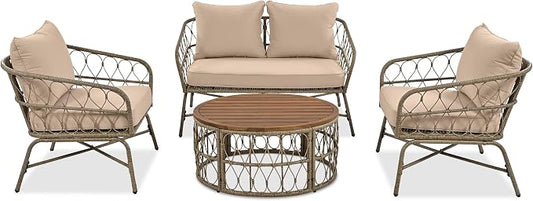 Merax 4 Piece Outdoor Patio Furniture Sets, Bohemia Style Small Wicker Patio Conversation Furniture Rattan Chair Set with Coffee Table Top for Backyard Porch Garden Poolside Balcony, Beige