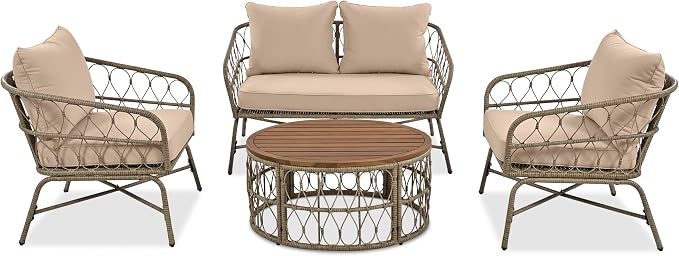 Merax 4 Piece Outdoor Patio Furniture Sets, Bohemia Style Small Wicker Patio Conversation Furniture Rattan Chair Set with Coffee Table Top for Backyard Porch Garden Poolside Balcony, Beige