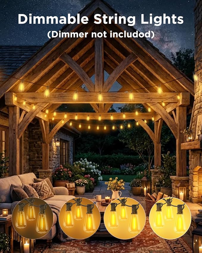 VOLIVO 100FT Outdoor String Lights for Patio, Waterproof Hanging Lights | 35+1 Shatterproof ST38 Edison Bulbs, Dimmable & Connectable Outside String Light for Backyard, Deck, Porch, Balcony