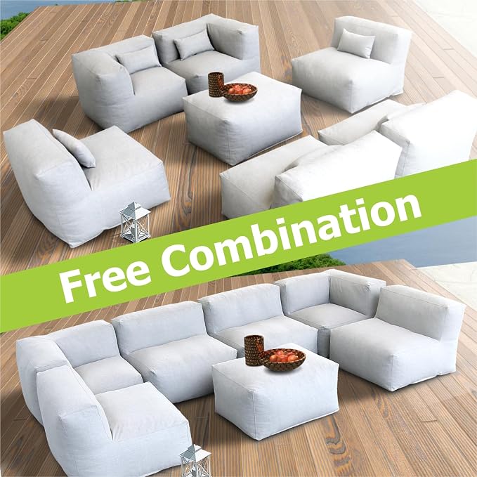 Dineli ANNYH CALALUNA 7Pc Patio Garden Furniture Sectional Conversation Set.Combines 4Middle, 2Corner, 1Ottoman/Coffee Outdoor Exp Foam Filled Chairs. A Unique Modular Contemporary Sofa (Cloud Gray)