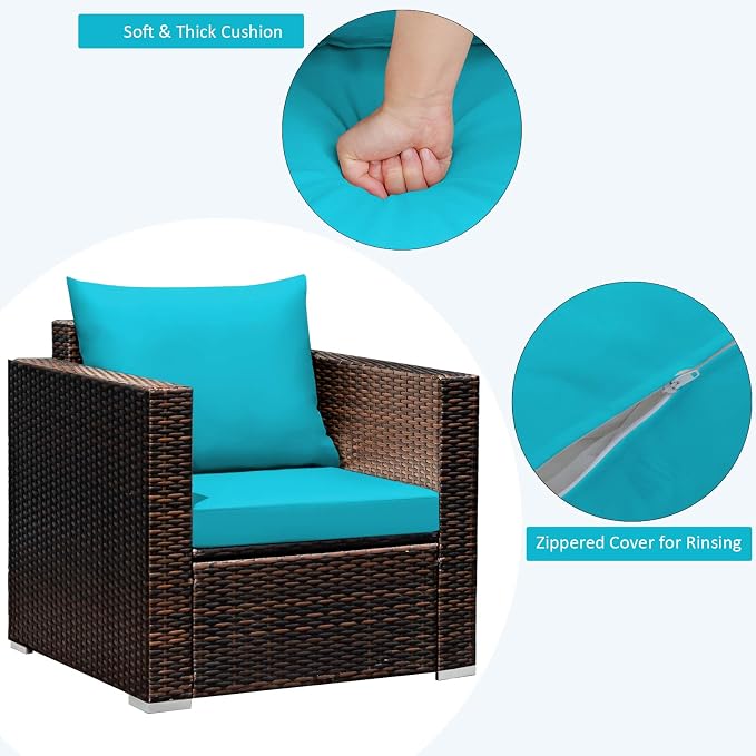 COSTWAY 3-Piece Patio Furniture Set, Outdoor Wicker Rattan Sofa with Cushions and Coffee Table with Tempered Glass, Modern Conversation Chair Set for Poolside Backyard Balcony Lawn (Turquoise)