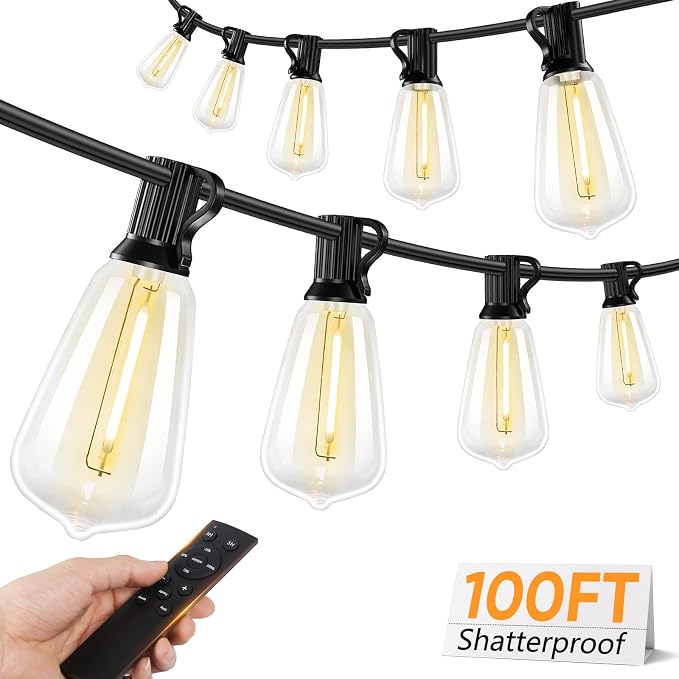 LED Outdoor String Lights with Remote, 100FT Commercial Grade Waterproof Outdoor Patio Lights, 30+2 ST38 Dimmable Edison Bulbs, 2700K Warm White Rope Light for Outside, Low Voltage 24V