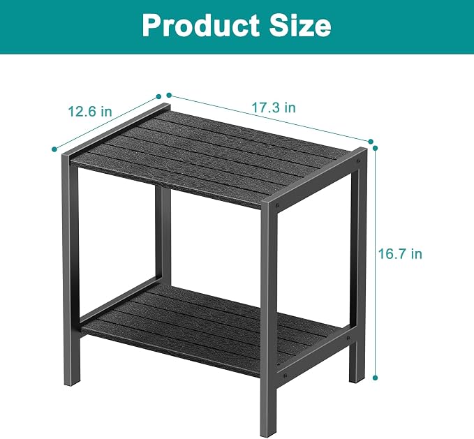 Outdoor Side Table 2 Tier Small Patio End Table with Metal Frame, Weather Resistant Square Porch Coffee Table for Patio, Deck, Garden, Backyard and Balcony, Indoor Outdoor Use, Black