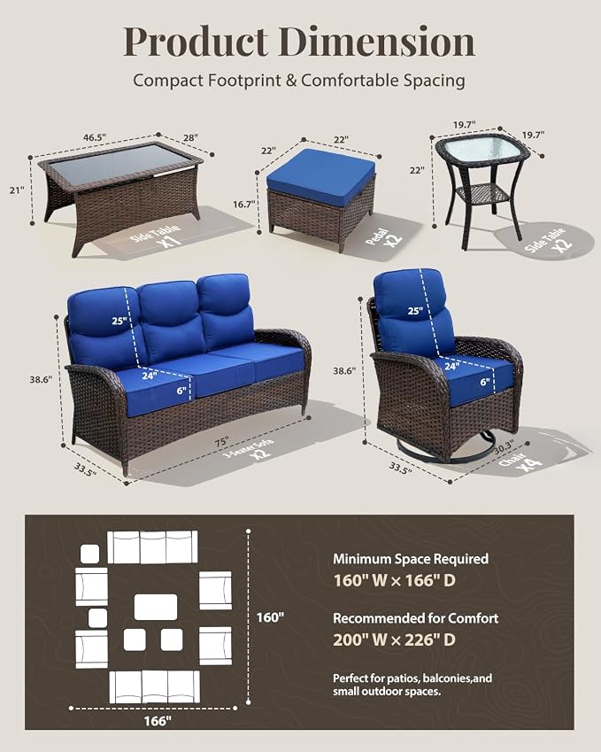 Patio Furniture Set with Luxury 6" Cushions, 11 Pieces Swivel Rocking High Back Patio Chairs, Couch and Ottoman, Outdoor Wicker Conversation Set for Deck, Porch, Backyard, Poolside, Blue
