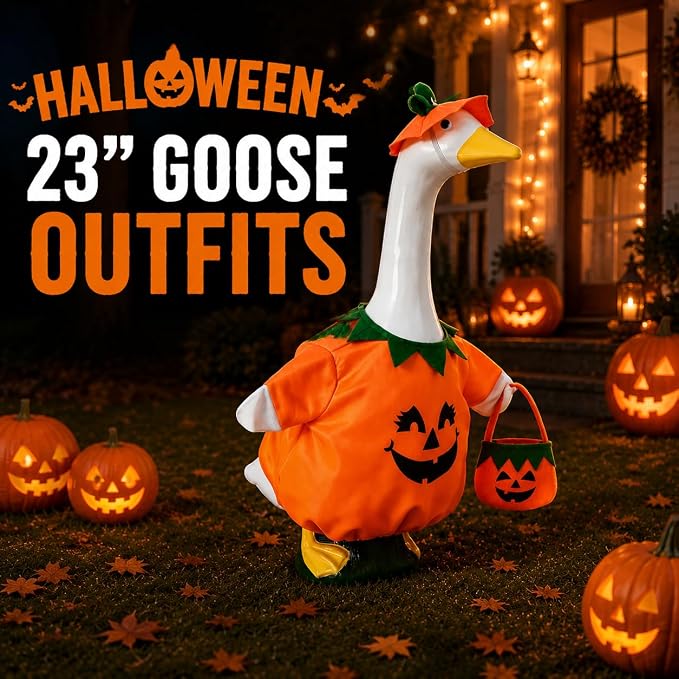 Halloween Porch Goose Outfits for 23'' Lawn Geese Statue, Pumpkin Porch Goose Outfit Costume with Witch Hat Candy Treat Bag, Outdoor Garden Goose Decor for Patio Yard Lawn Art Halloween Ornament