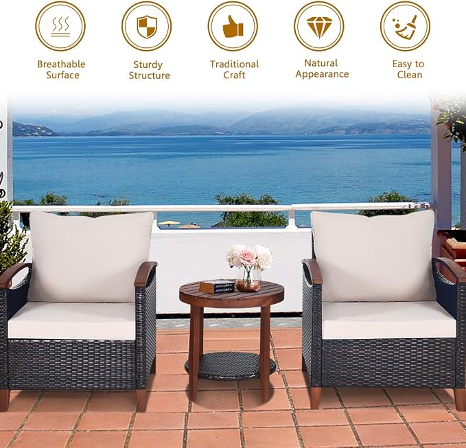 HAPPYGRILL 3 Pieces Patio Conversation Set Outdoor Rattan Wicker Sofa Set with Cushion & Acacia Wood Frame, Coffee Table and Chairs Set for Garden Poolside Balcony