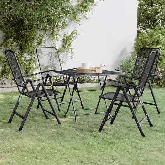 5 Piece Patio Dining Set Expanded Metal Mesh Anthracite Outdoor Table and 4 Chairs Foldable Adjustable Backrest E-Coating Weatherproof for Garden Poolside Deck