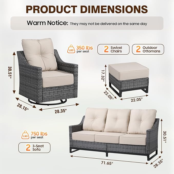 6 Piece Patio Furniture Set,360°Swivel Glider Patio Chairs Set of 2, 2 Sofas, 2 Ottomans,Comfortable Seating with 6 Inch Thick Cushions, All-Weather Wicker Patio Set For Porch Deck Balcony Garden