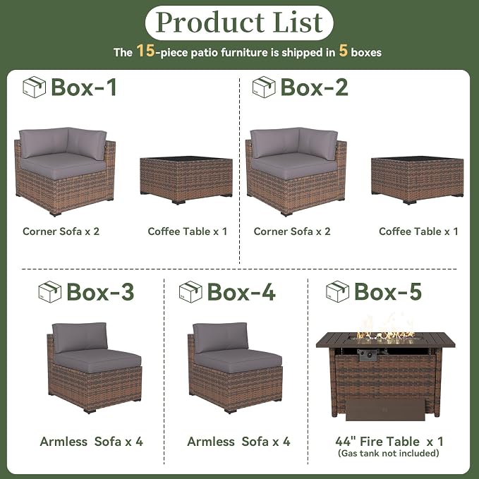 Aoxun 15 Piece Patio Furniture Set with 44” Fire Pit Table Wicker Rattan Outdoor Sectional Sofa Set with Coffee Table and Thickened Cushions, Grey