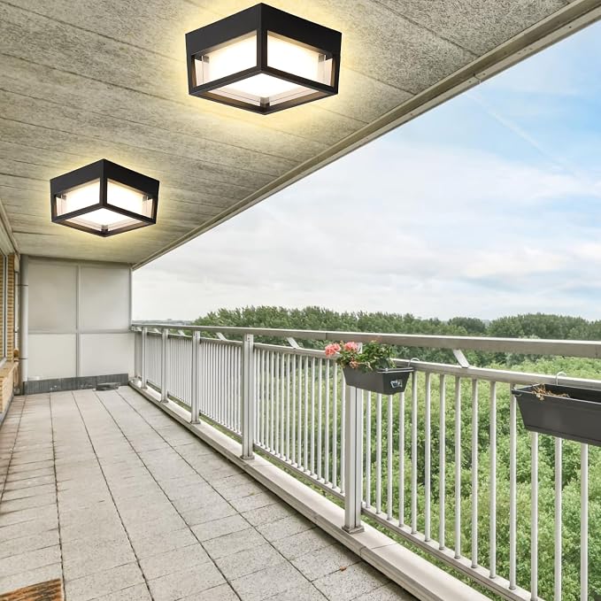 Outdoor Ceiling Porch Light LED Flush Mount for Wall or Ceiling, Square Exterior Wall Lamp for Patio Balcony Terrace, 3000K Warm Color, 125w Equivalent, Black, Wet Location, Small 6.3"x6.3"x4.3"