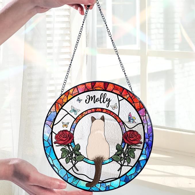 Personalized Cat Stained Glass Suncatcher, Custom Name Pet Photo Memorial Ornament, Window Hanging Sympathy Gift for Loss of Pet, Cat Bereavement Keepsake, Remembrance Gift for Pet Lovers