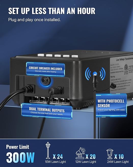 300W Low Voltage Landscape Transformer, Weatherproof Outdoor Low Voltage Transformer, 120V AC to 12/14V AC, Landscape Lighting Transformer with Timer and Photocell Sensor, ETL Listed D12LT06