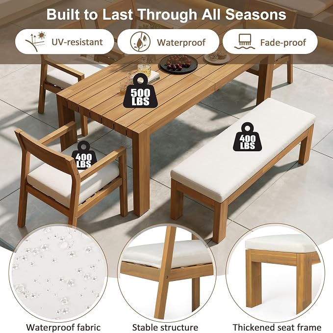 SOOWERY 6-Piece Patio Dining Set, Acacia Wood Outdoor Furniture Set with Rectangular Table, 4 Chairs and 1 Bench with Cushions, Umbrella Hole for Backyard, Garden, Poolside (Light Teak+Beige Cushion)