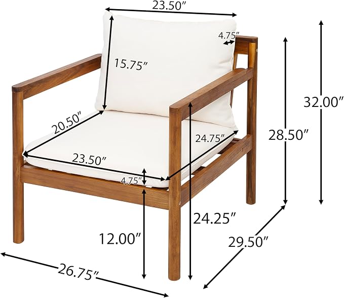 Christopher Knight Home Vorms 5-Piece Acacia Wood Patio Furniture Set with Rope Backrest, Patio Conversation Chat Set for Backyard Balcony, Outdoor 7-Seater Seating Group with Coffee Table, Teak+Cream