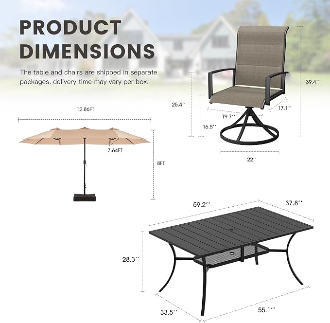 Outdoor Dining Set for 6, 8 Pieces Patio Table and Chairs Set with Umbrella, 59.2" Outdoor Dining Table and Padded Textilene Patio Swivel Chairs for Garden Backyard, Mixed Brown and Black