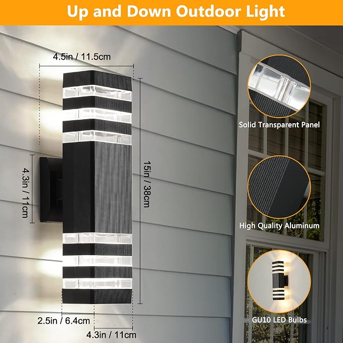 1 Pack LED Square Up and Down Lights Outdoor Wall Mount Light, 3-Layer Black Modern Outdoor Lights for House, IP65 Waterproof Aluminum Exterior Lamps for Front Porch Garage, Warm White 3000K