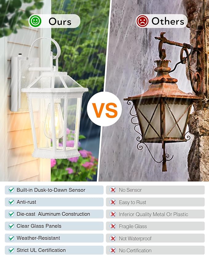 VIANIS 2 Pack Outdoor Wall Lights, Dusk to Dawn Exterior Light Fixture for House, 100% Anti-Rust Aluminum Waterproof Porch Light Outside Wall Lights, White Outdoor Wall Sconce Lanterns for Garage
