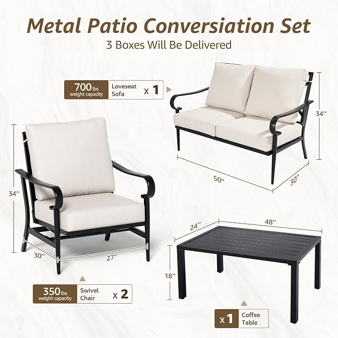 NATURAL EXPRESSIONS 4 Piece Patio Furniture Set, Vintage Metal Outdoor Conversation Set with High Back Rocking Motion Chairs, 5.5" Thick Cushions for Balcony, Porch