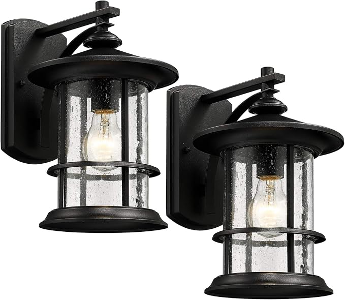 MICSIU 12.5 Inches Vintage Textured Black Outdoor Wall Sconce 2 Pack | Large Exterior Light Fixtures with Clear Seedy Glass, Waterproof Outsize Wall Mount Lantern for House, Porch, Garage