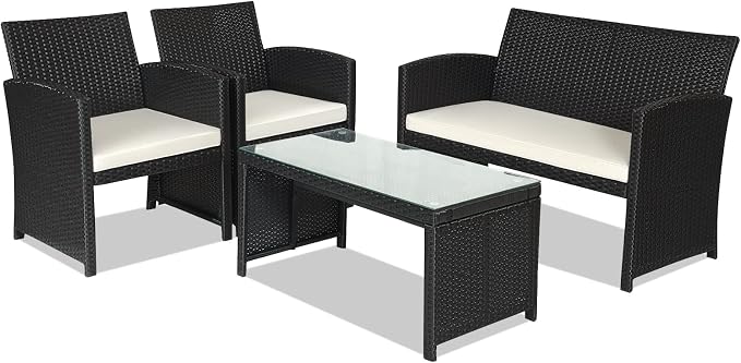 DORTALA 4 Pieces Patio Wicker Conversation Furniture Set, Outdoor Rattan Sofas with Bistro Sets with Coffee Table for Courtyard Balcony Wicker Chairs with Soft Cushion and Table, White