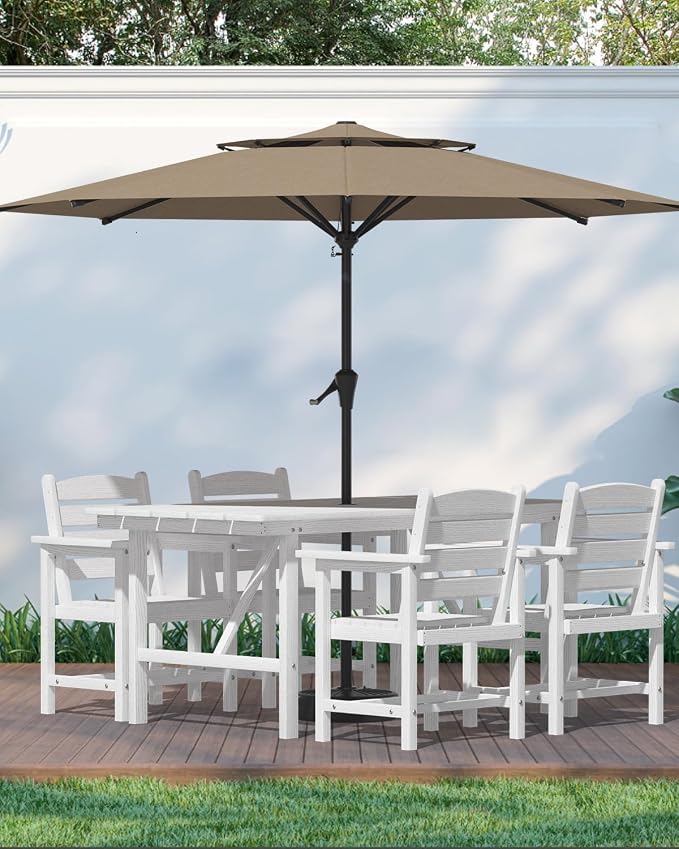 PLUUV 66" Outdoor Dining Table, All-Weather HDPE Rectangular Patio Table with 2” Umbrella Hole, Weatherproof, White
