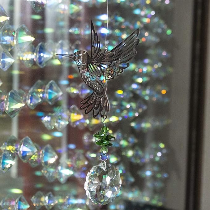 Rainbow Maker Hummingbird Flower Prism Window Suncatcher Crystal Decor | Crystal Hummingbird Flower Prism Suncatcher Rainbow Maker for Window Garden Home Office Decor Accent