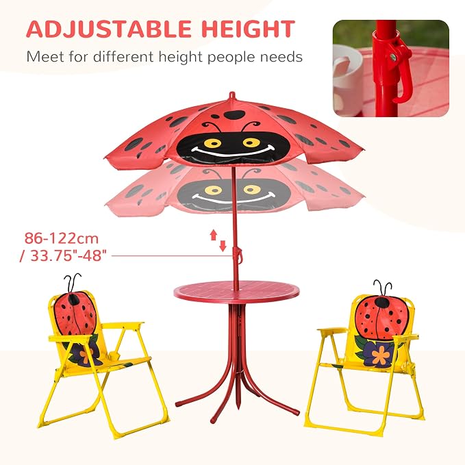Outsunny Kids Table and Chair Set, Outdoor Folding Garden Furniture, Picnic Table for Patio Backyard, with Removable & Height Adjustable Sun Umbrella, Red