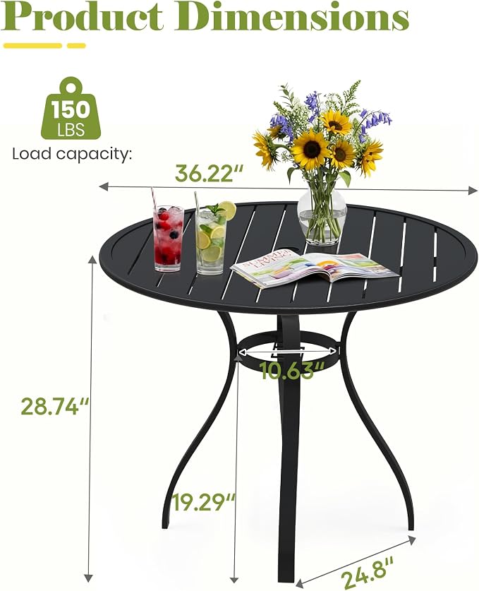 36" Outdoor Bistro Table, Round Metal Patio Table with Umbrella Hole, Rust-Resistant Steel Slat Top Coffee Table for Garden, Balcony, Deck and Backyard, Black