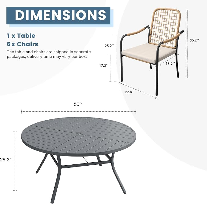 DIFY 7 Pieces Outdoor Dining Set, Metal Patio Table and Chairs Set for 6, 50" Round Dining Table with Umbrella Hole & Wicker Stackable Patio Chairs with Cushions, Grey Tabletop