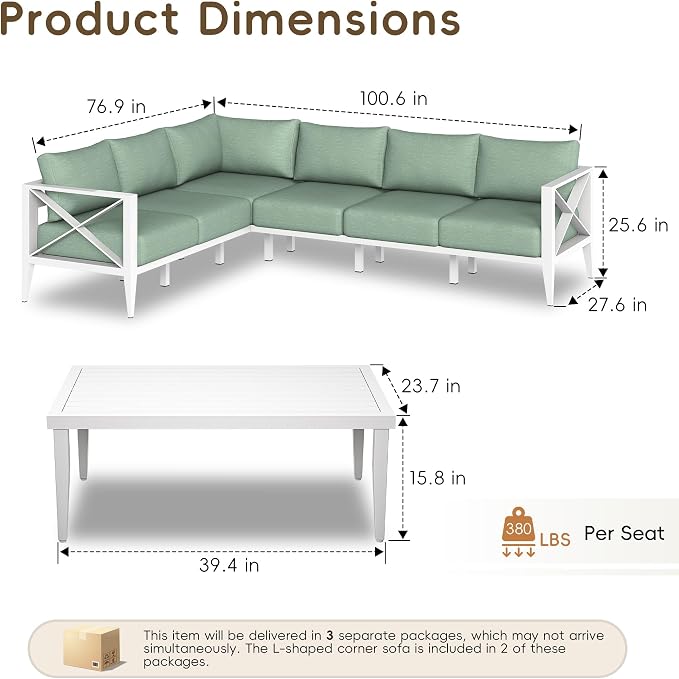 Outdoor Sectional Sofa Set 6 Seat Patio Conversation Set with Cushions, Aluminum Patio Furniture for Backyard Deck Garden Seating