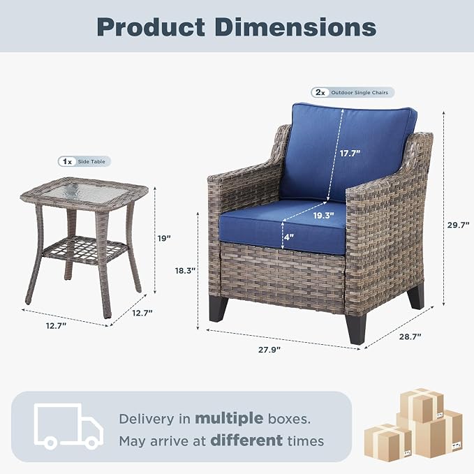 Belord Patio Chairs Set with Side Table, Outdoor Rattan Chairs for Deck Porch Garden, 3 Piece Luxury Patio Furniture Set, Blue