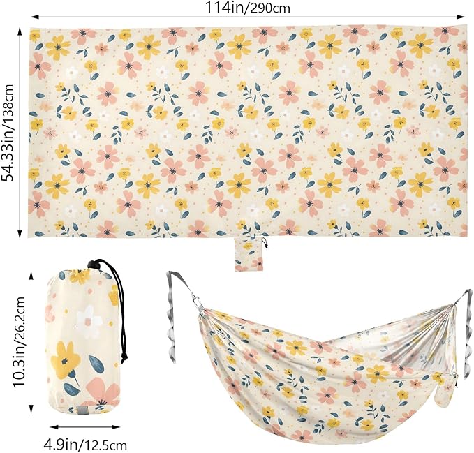 Camping Hammock Outdoor Hammocks for Outside Flower Creamcolor Beach Trees Portable Lightweight with Pockets Tree Straps Indoor Small