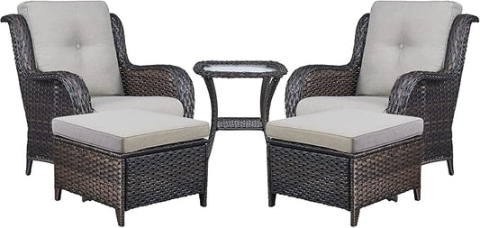 Rilyson Wicker Patio Furniture Set - 5 Piece Rattan Outdoor Sectional Conversation Sets with 2 Chairs,2 Ottomans and 1 Side Table for Porch Deck Garden(Brown/Grey)