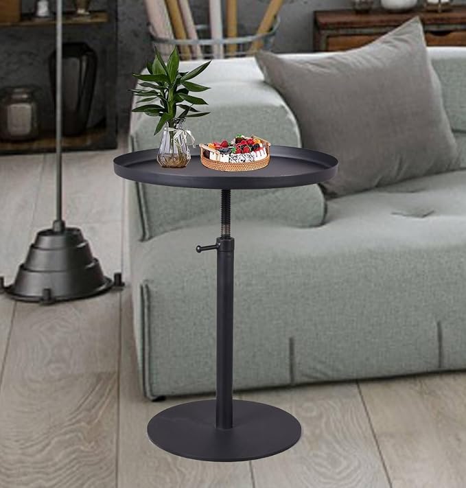 LOKKHAN Adjustable Tray Metal Sofa End Table/Side Table/Night Stand/Bedside Table/Snack Table/Accent Coffee Table, Patio Garden Backyard Table, Indoor-Outdoor, Heavy Duty Premium Steel, Round Top