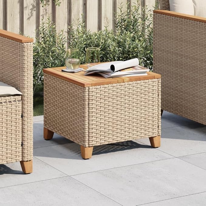 vidaXL Patio Table, Side Coffee Table with Steel Frame, Square Outdoor Table for Garden Backyard Balcony, Beige Poly Rattan Acacia Wood