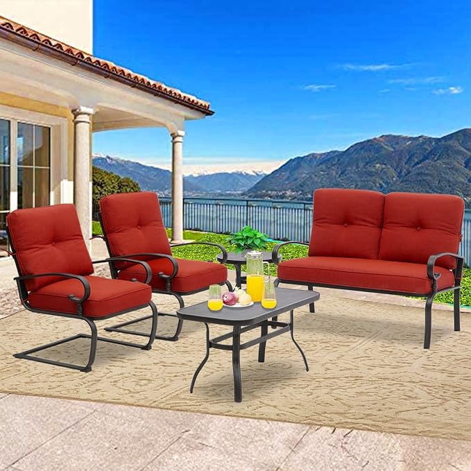 Incbruce 5 Piece Wrought Iron Patio Furniture Set Metal Outdoor Conversation Sets (Loveseat, Coffee Table and Bistro Table, 2 Spring Chair) with Cushion (Red)